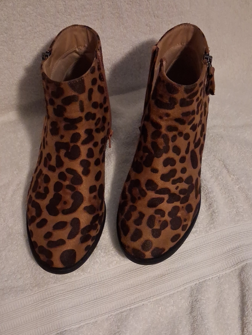 Time and Tru Leopard Print Ankle Booties in Brown and Black Spots